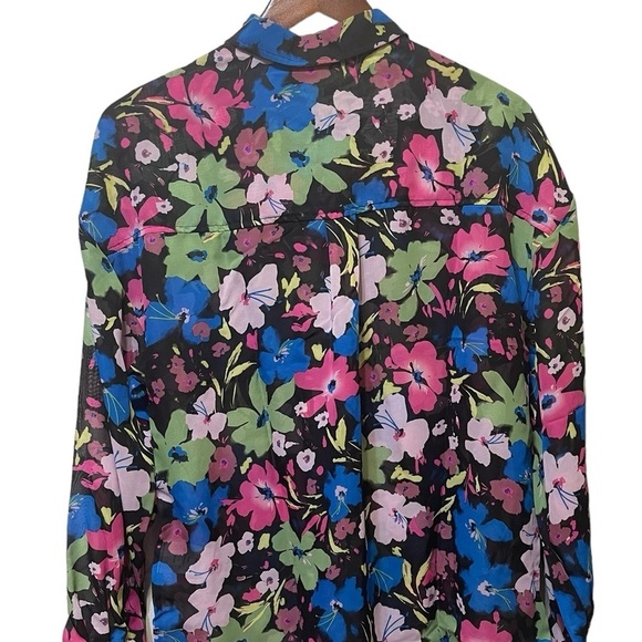 Bar III Chiffon Blue Pink Yellow Floral Button Up Work Casual Blouse sz M NWT - Picture 7 of 10